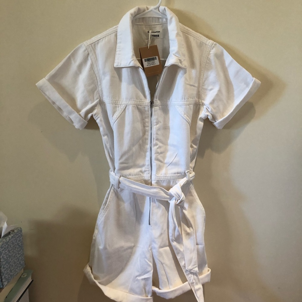 Reformation white denim short jumpsuit size 2